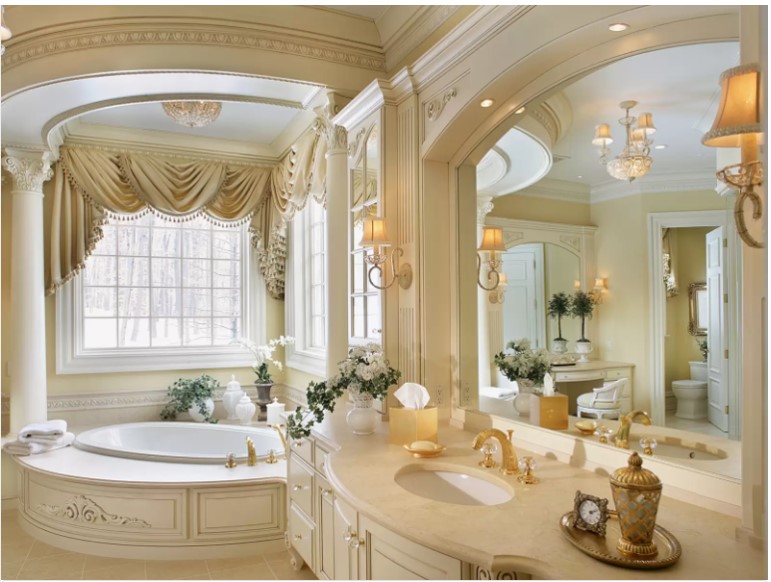 Chiếc tủ và bồn tắm cách điệu là điểm nhấn cho không gian phòng tắm