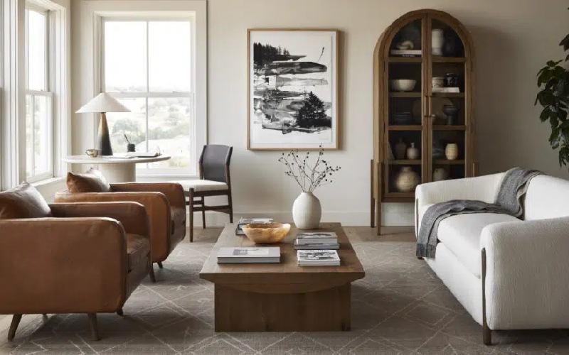 thiết kế nội thất phòng khách phong cách hữu cơ organic vật liệu tự nhiên